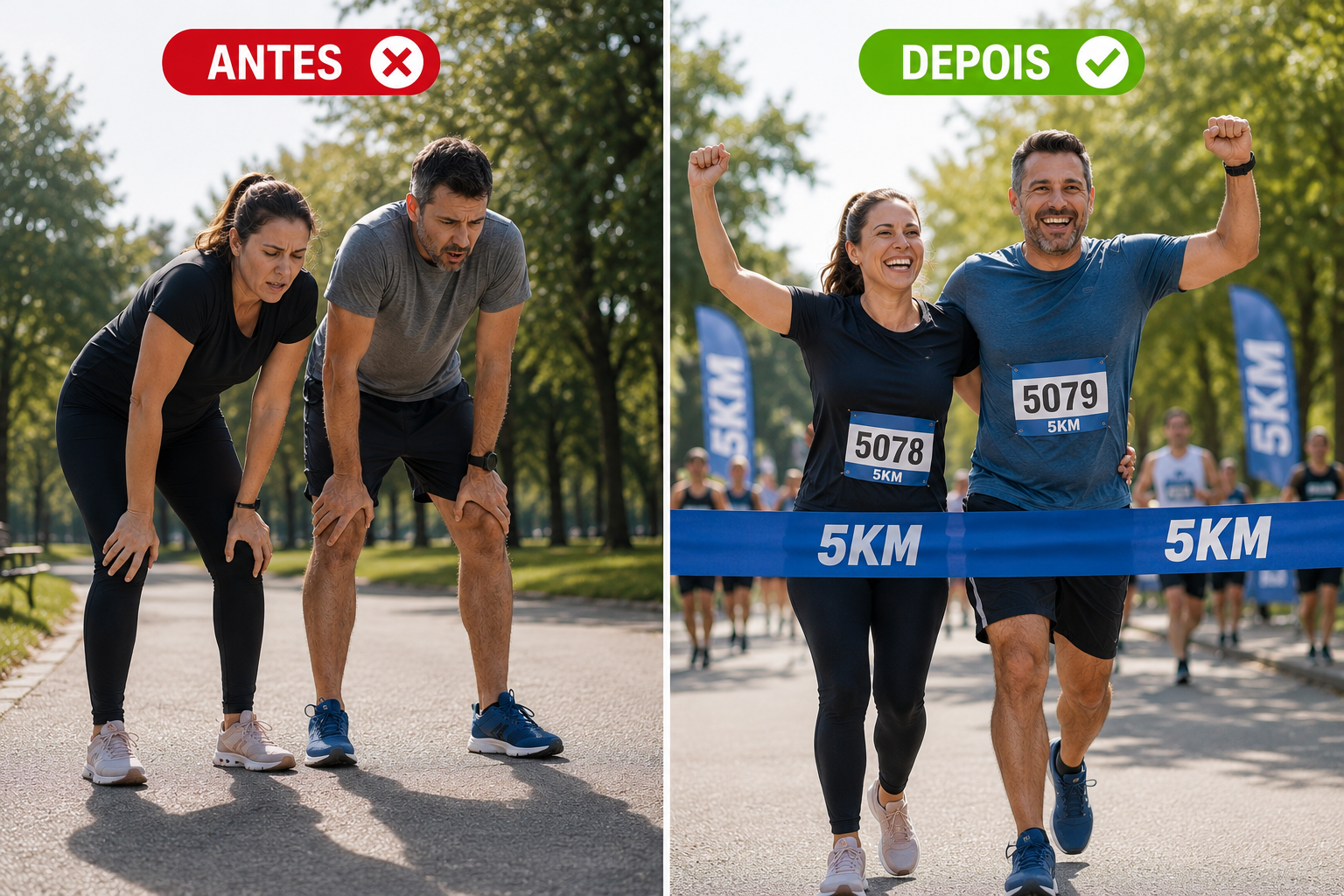 Comparativo visual entre antes sedentário e depois completando uma corrida de 5 km