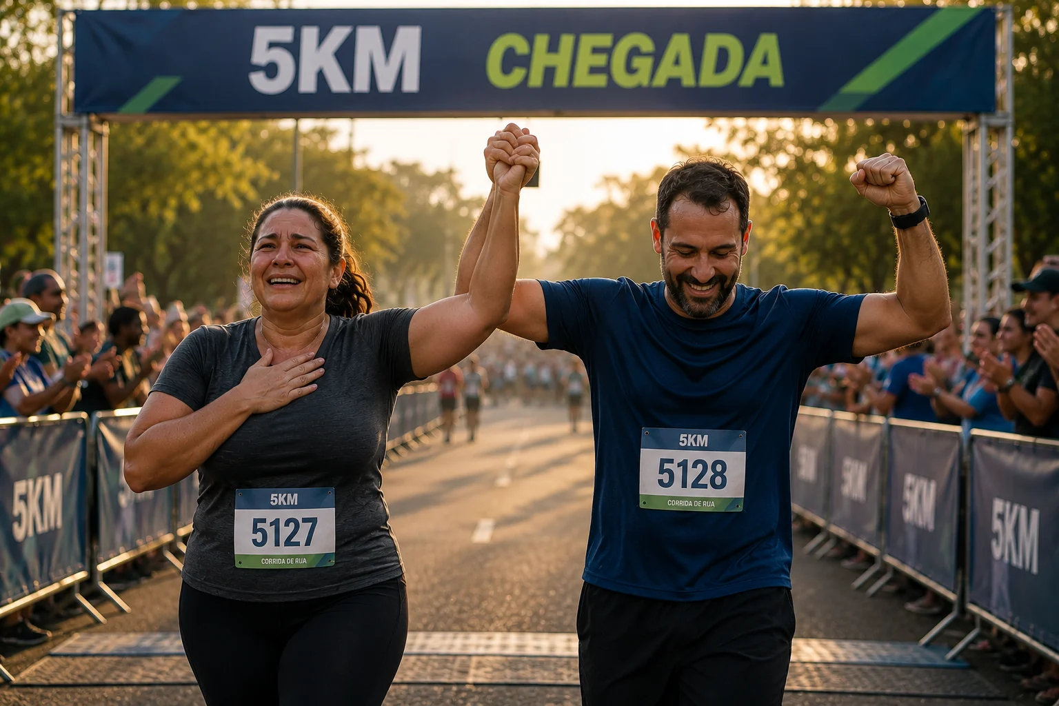 Casal cruzando a linha de chegada de uma prova de 5 km